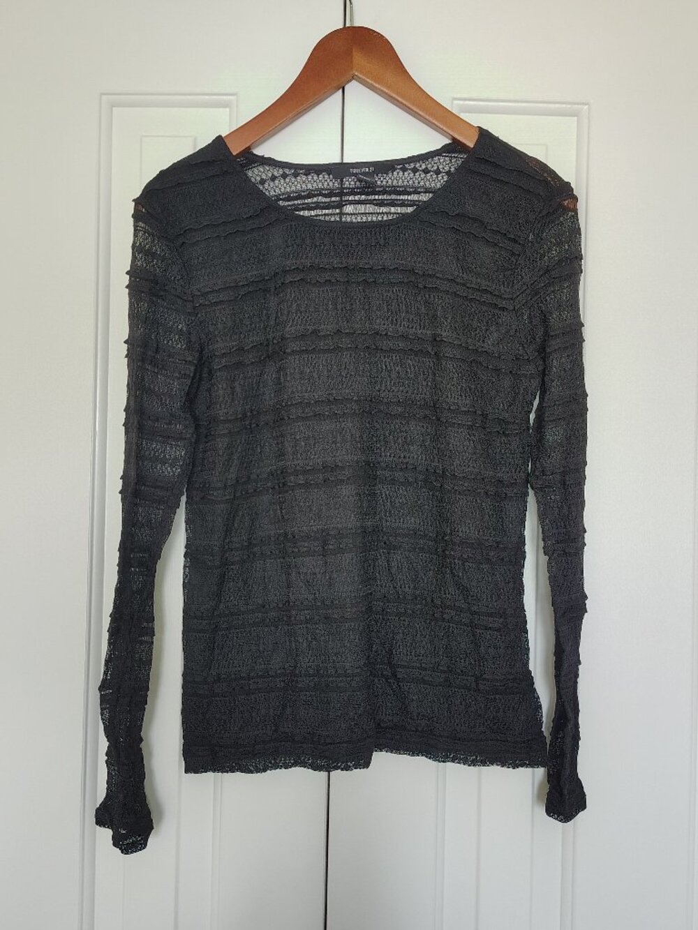 Forever 21 Black Sheer Lace Long Sleeve Top | Textured Ruffle Mesh Blouse